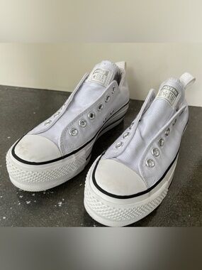 Converse White Canvas Platform Slip-On Sneakers with Shimmer